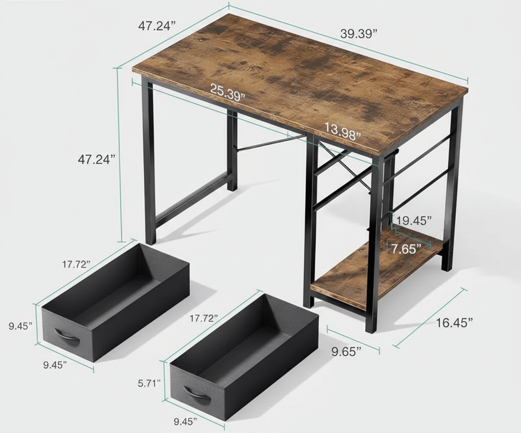 40/47 Inch Computer Desk with Fabric Storage Drawers, Modern Home Office Table - The Chrome Cart