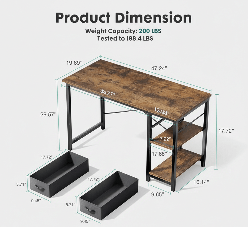 40/47 Inch Computer Desk with Fabric Storage Drawers, Modern Home Office Table - The Chrome Cart