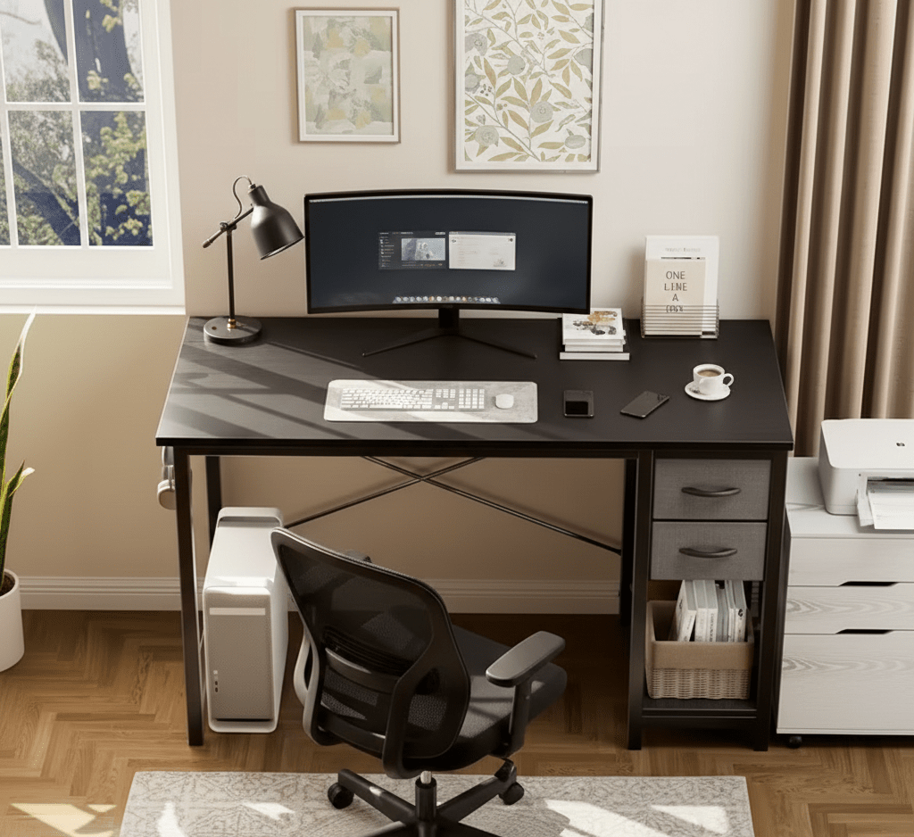 40/47 Inch Computer Desk with Fabric Storage Drawers, Modern Home Office Table - The Chrome Cart