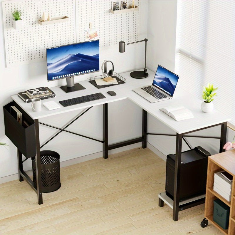 L - Shaped Corner Computer Desk with Storage Pocket | Wooden Home Office / Gaming - The Chrome Cart