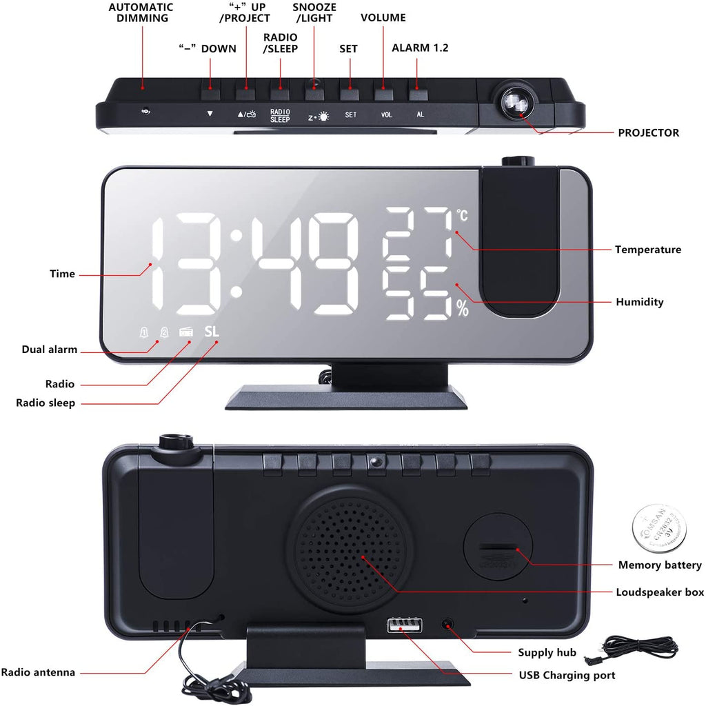 LED Projection Digital Alarm Clock Phone Charger - The Chrome Cart