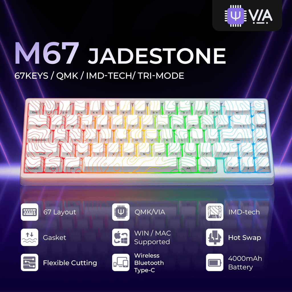 XVX M67 JadeStone VIA Tri - Mode Mechanical Keyboard with IMD - Tech Keycaps (Stellar White) - The Chrome Cart